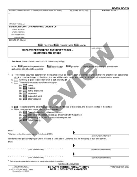 California Ex Parte Petition For Authority To Sell Securities And Order