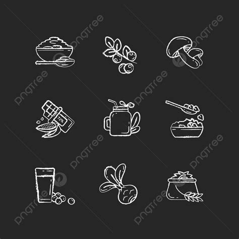 Set Of Chalk White Icons Depicting Vegetarian Meals On A Black