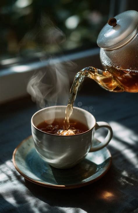 Hot Steaming Tea Being Poured Into Ceramic Cup From Glass Teapot Stock Image Image Of Teapot