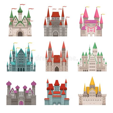 Medieval Castles Palace Tower Fairytale Constructions Cartoon Vector