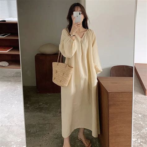 Johnature Spring New Korean Women Clothing Dresses Simple Loose V