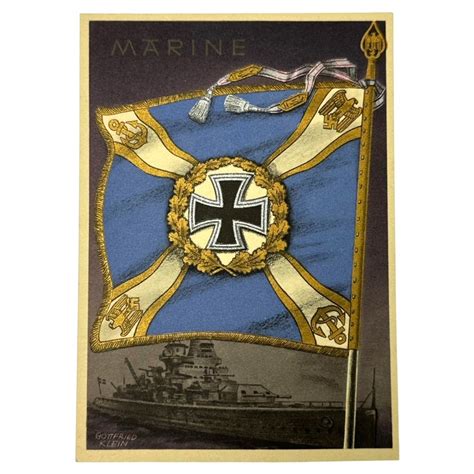 Original Wwii German Kriegsmarine Standard With Flag Postcard