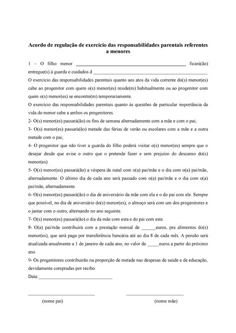 Acordo responsabilidades parentais Acordo de regulação de exercício