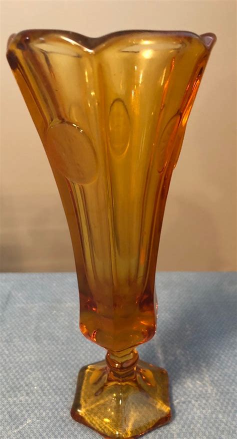 S Vintage Fostoria Amber Coin Glass Footed Flower Bud Vase