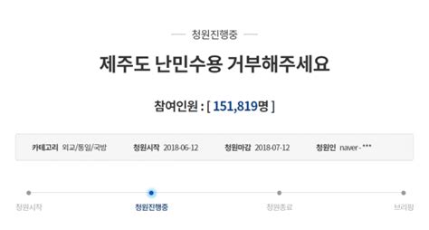 “자국민 치안보호는 어디에”제주 예멘 난민수용 반대 15만명 돌파