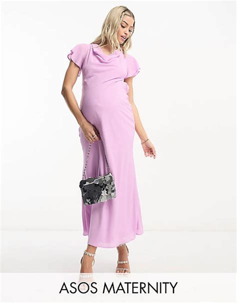 Asos Design Maternity Flutter Sleeve Cowl Neck Midi Dress In Lilac Asos