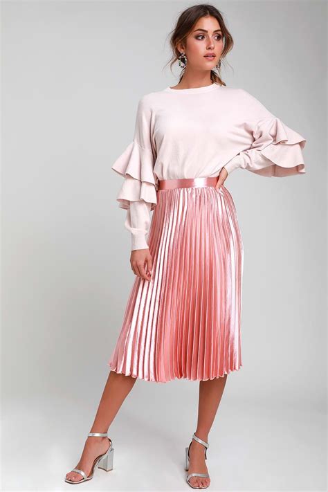 Pretty Pleats Blush Pink Metallic Pleated Midi Skirt Metallic Pleated