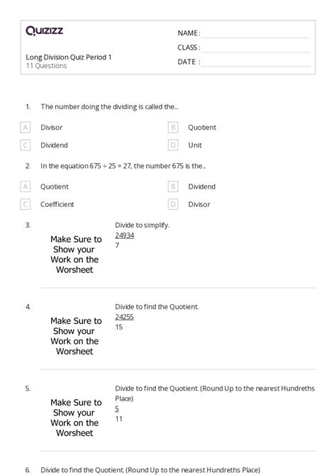 50 Long Division Worksheets For 7th Grade On Quizizz Free And Printable