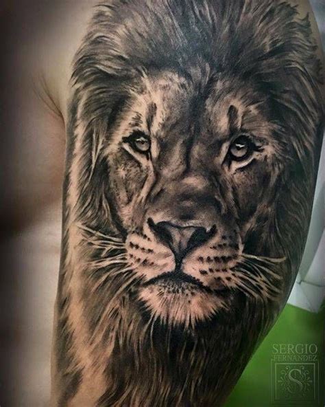 Tatuaje de un león de estilo black and grey situado en el brazo