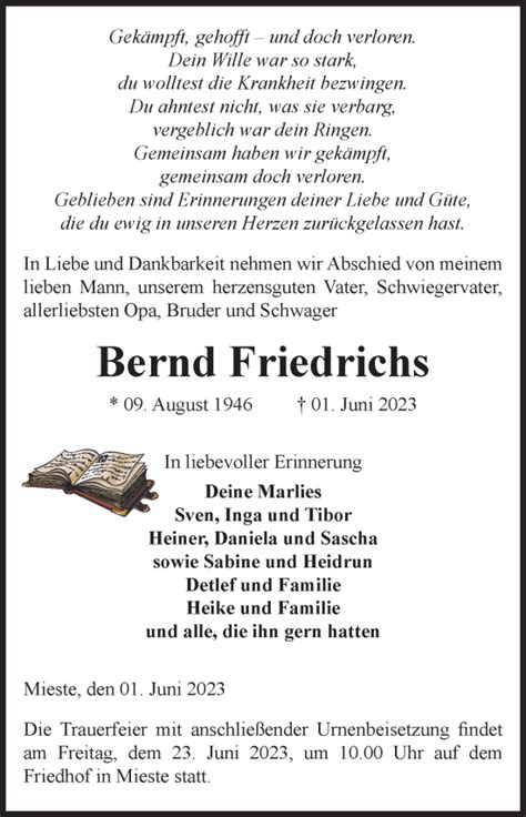 Traueranzeigen Von Bernd Friedrichs Abschied Nehmen De