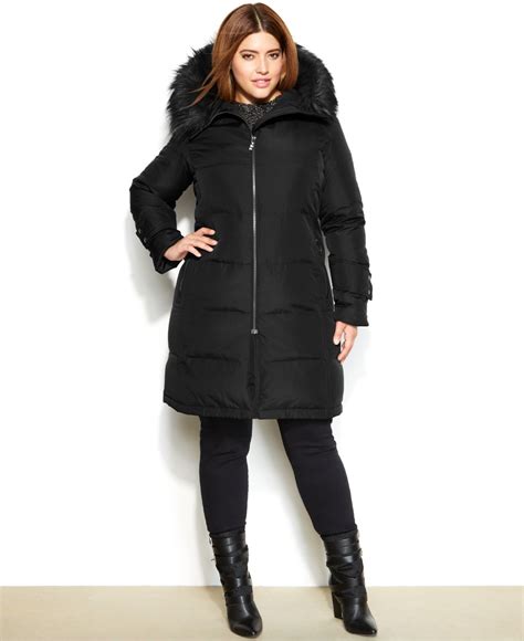 Calvin Klein Plus Size Hooded Faux Fur Trim Quilted Down Puffer Coat In