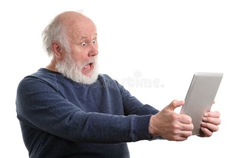 Funny Shocked Old Man Using Tablet Computer Isolated On White Stock