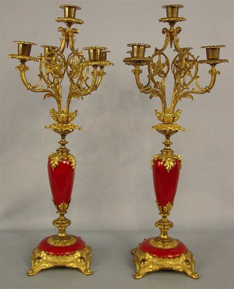 Pair Of Victorian Bronze Candelabras With Red Porcelain Center C 1880