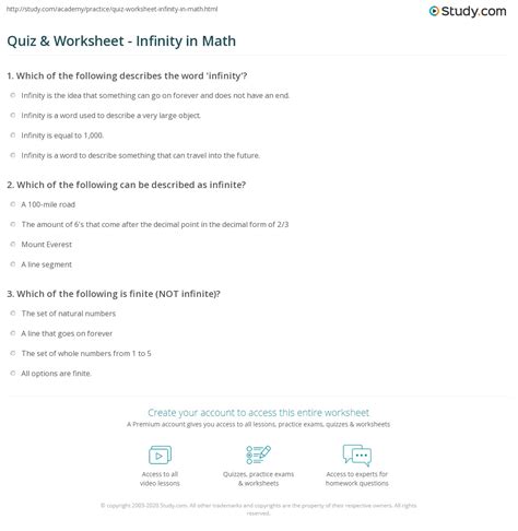 Quiz And Worksheet Infinity In Math