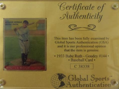 Coach S Corner 1933 Babe Ruth Yankees Goudey Certified BB Card