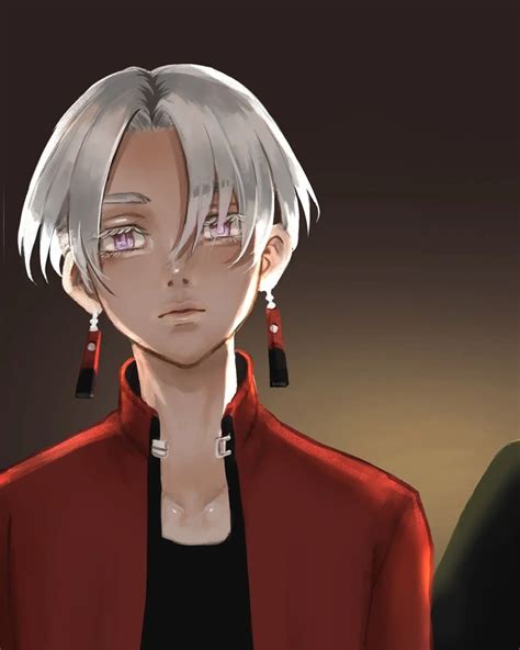 an anime character with white hair and pink eyes wearing red jacket in ...