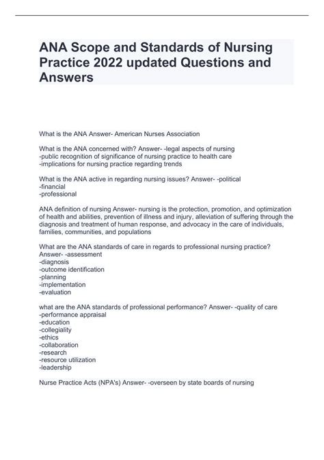 Ana Scope And Standards Of Nursing Practice Updated Questions And