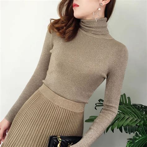 Shiny Lurex Autumn Winter High Collar Sweater Women Full Sleeve