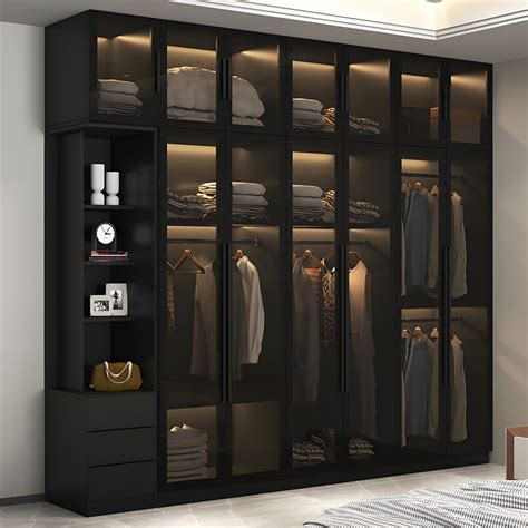 Modern Glass Doors Wardrobe Cabinet Black Bedroom Storage Cabinet Excluding Lighting 47l X 20