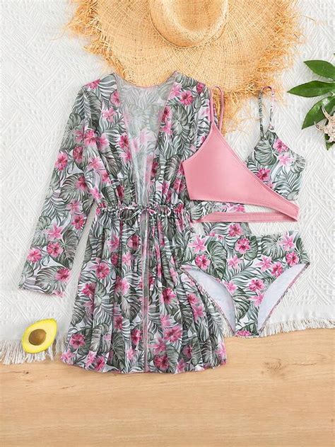 Tween Girl Tropical Print Bikini Swimsuit With Kimono Shein Usa