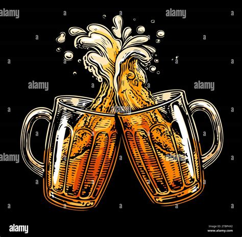 Pair Of Beer Glasses Making A Toast Alcoholic Drink And Splash Of Foam Pub Concept Vector