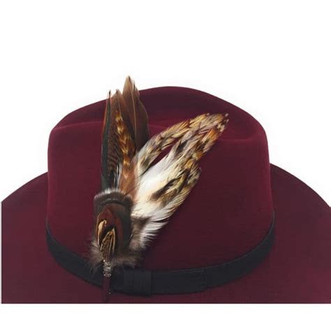 Womens Wool Burgundy Fedora Hat With Leather Belt Trim And Country Feather Brooch Naunton