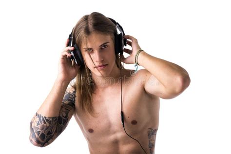 Muscular Man Shirtless Listening To Music On Headphones Stock Image Image Of Shirtless Music