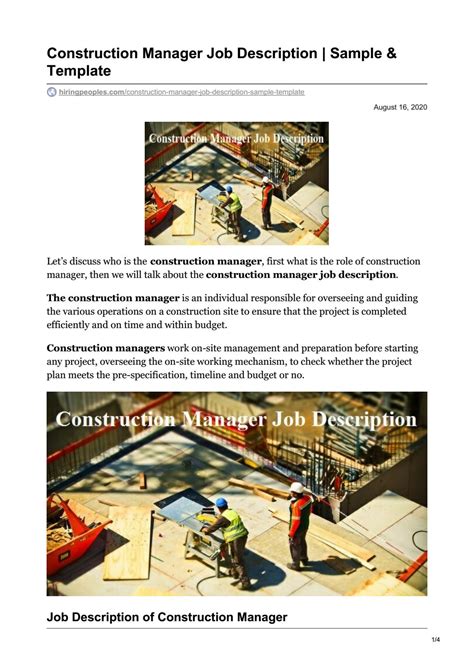 Construction Manager Job Description Sample And Template Pdf By Imran