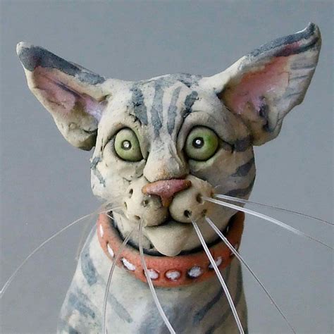 Tabby Cat On Pedestal Whimsical Ceramic Sculpture