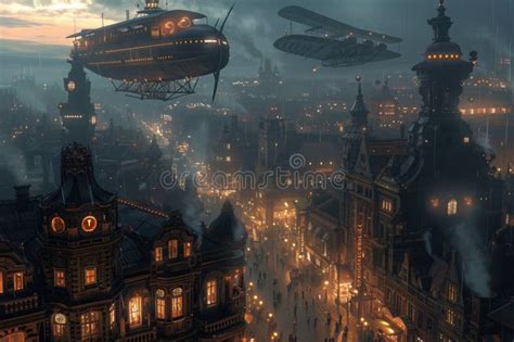 Steampunk Airships Over a Victorian Cityscape. Resplendent. Stock Photo ...