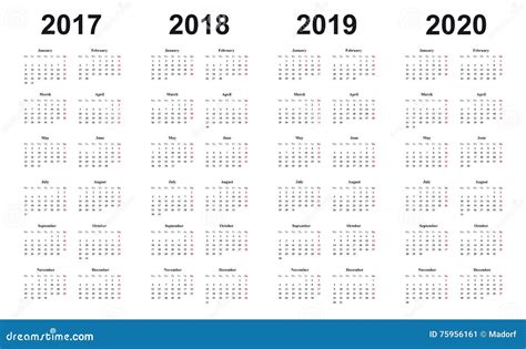 Calendar 2017 2018 2019 2020 Simple Design Sundays Marked Red