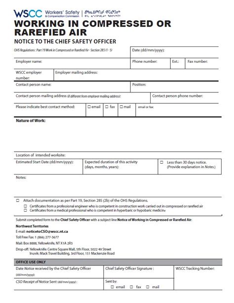 Work In Compressed Or Rarefied Air Notification Form WSCC Workers