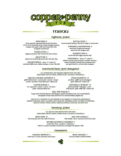 Menu at Copper Penny Pub, Hot Springs