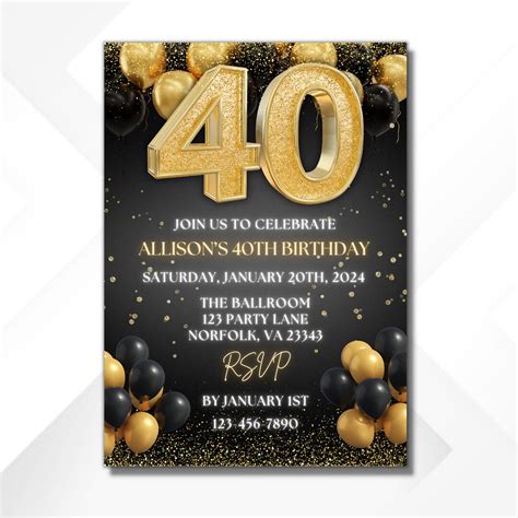 Editable 40th Birthday Party Invitation Black Etsy