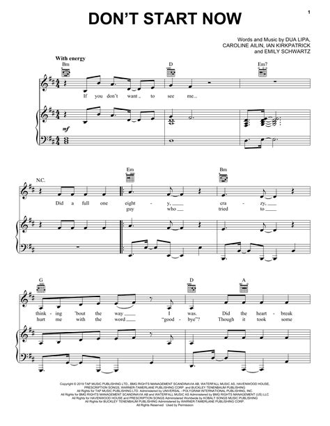 Dua Lipa "Don't Start Now" Sheet Music & PDF Chords | Piano, Vocal ...