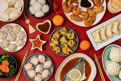 A O Nuevo Chino Mesa Del Festival Sobre Fondo Rojo Comida Tradicional