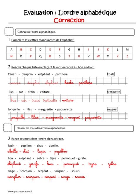 Ordre Alphab Tique Ce Evaluation Pass Education