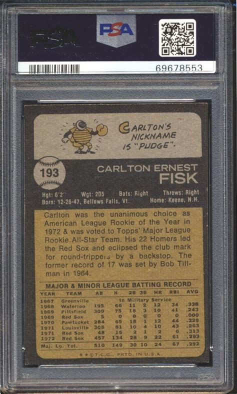 1973 Topps Baseball Carlton Fisk 193 PSA 8 RED SOX NM MT HOF EBay