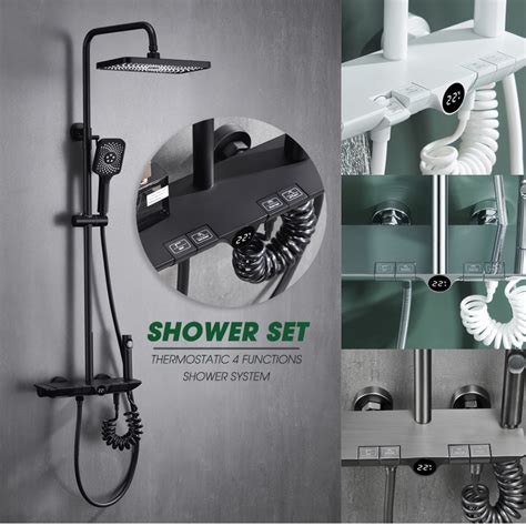 Shower System Column Set Thermostatic Stable Temperature Digit Black