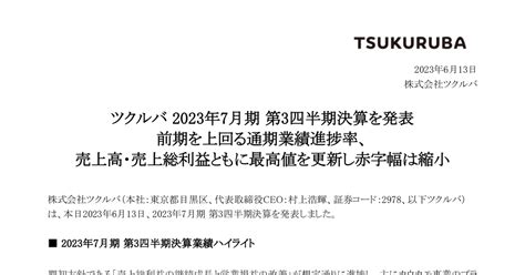 ツクルバ 2978 ：ツクルバ 2023年7月期 第3四半期決算を発表 前期を上回る通期業績進捗率、売上高・売上総利益ともに最高値を更新し赤字