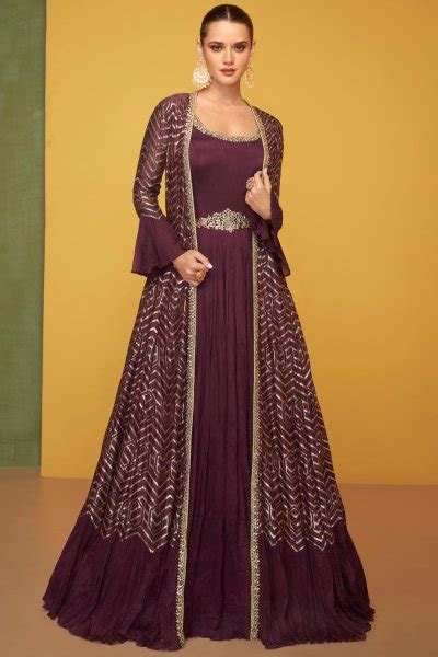 Buy Wine Georgette Indo Western Anarkali Style Gown With A Jacket