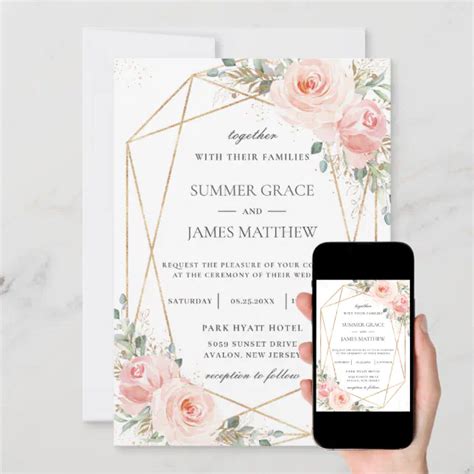 Chic Blush Pink Floral Gold Geometric Wedding Invitation Zazzle