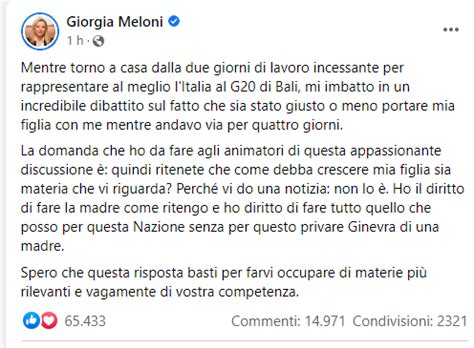 Giorgia Meloni: "Mia figlia a Bali? Ho diritto fare madre come ritengo"