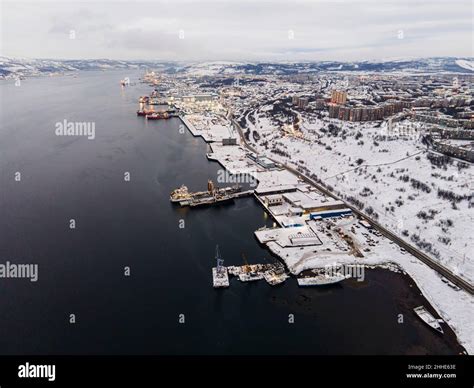 View from height on the port of Murmansk in the morning aerial ...