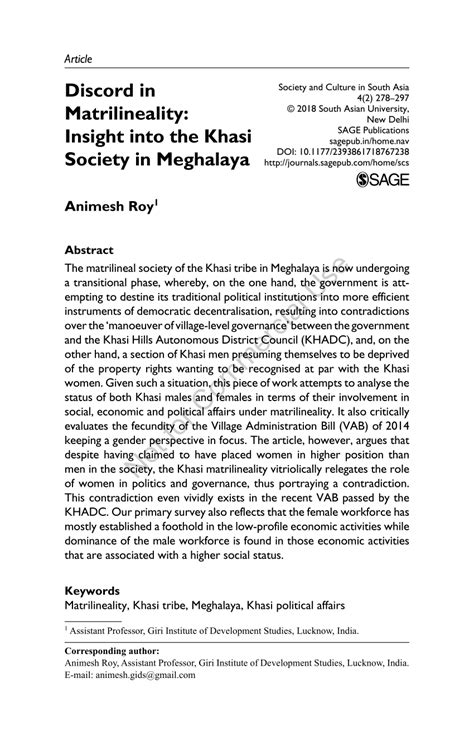 (PDF) Discord in Matrilineality: Insight into the Khasi Society in ...