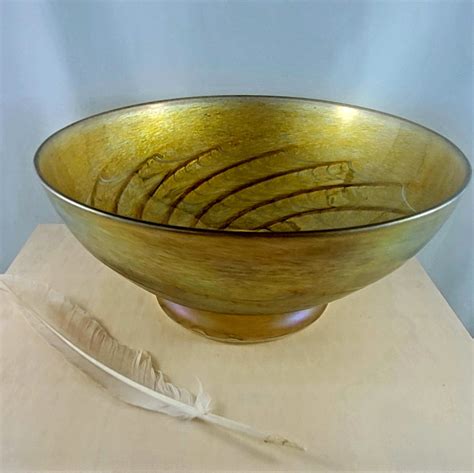 Art Glass Bowl Vintage Art Glass Bowl Iridescent Gold Feathers Signed ...