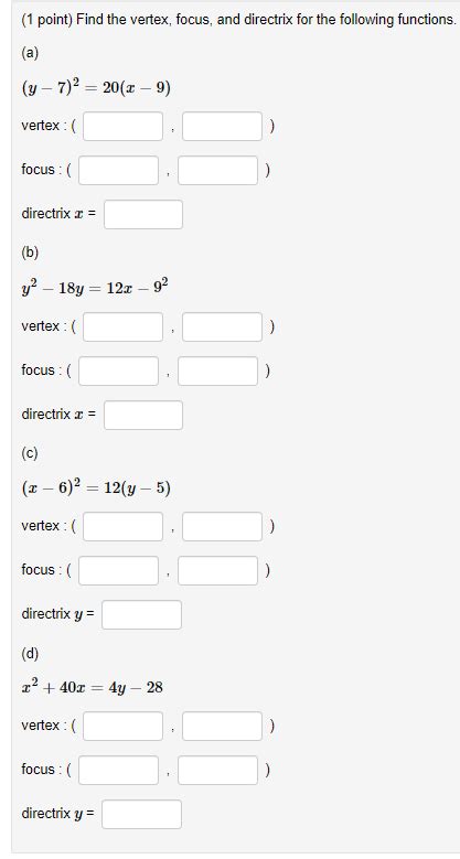 Solved Point Find The Vertex Focus And Directrix For Chegg