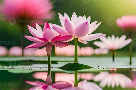 Two Pink Lotus Flowers Are Reflected In The Water Ai Generated