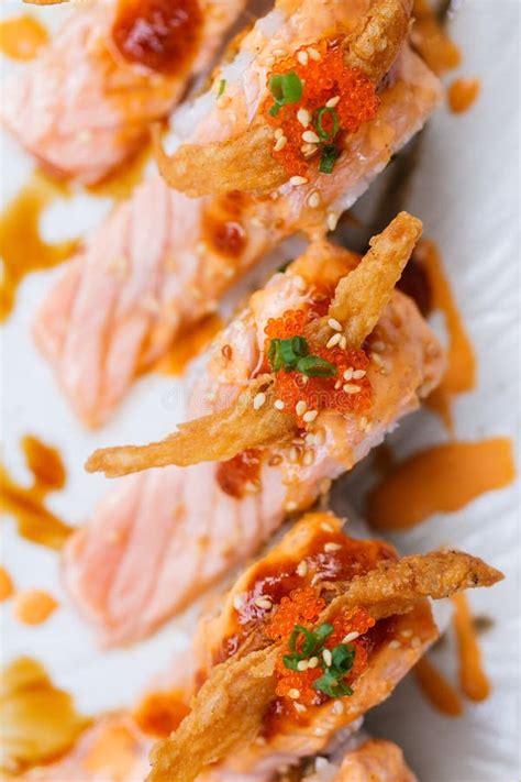 Torched Tuna And Sirauo Tempura Maki Roll Stock Photo Image Of