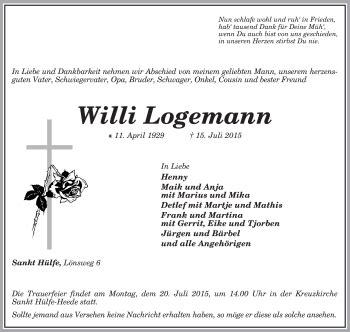 Traueranzeigen Von Willi Logemann Trauer Kreiszeitung De